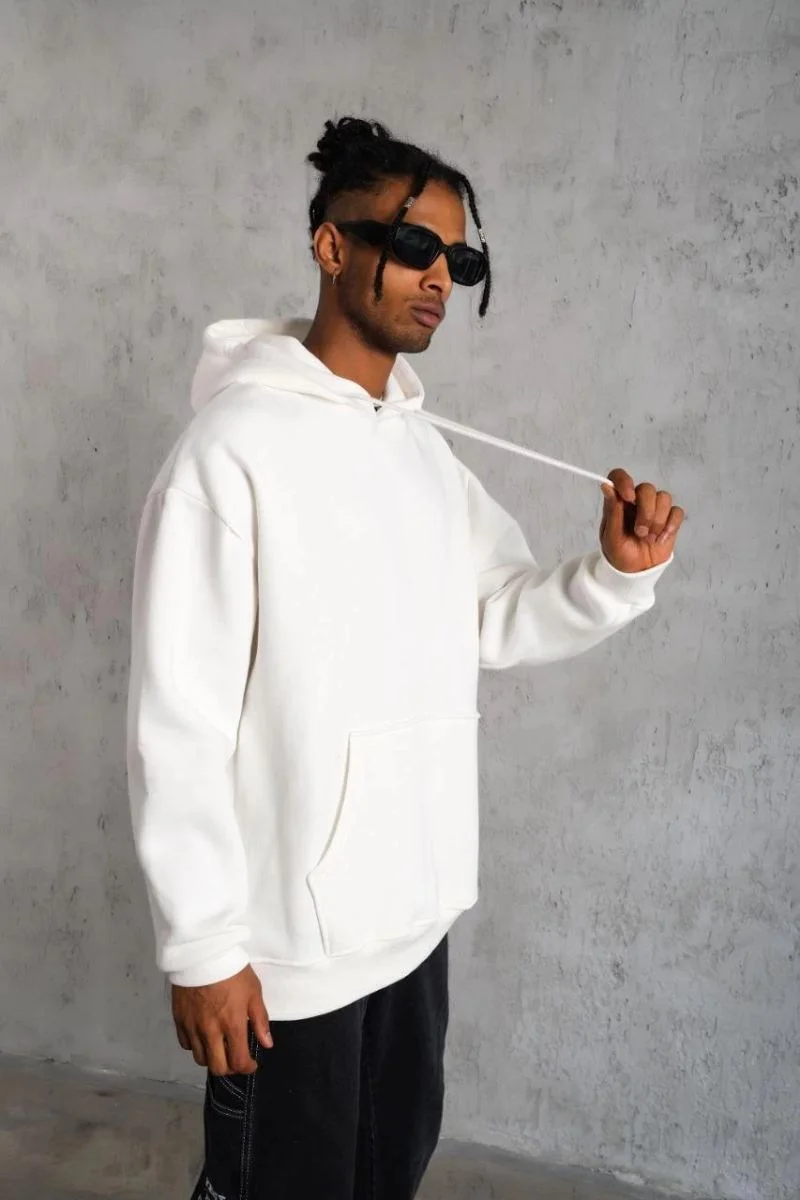 Erkek 3 İplik Pamuklu Kapüşonlu Kanguru Cepli SweatShirt hoodie - Beyaz