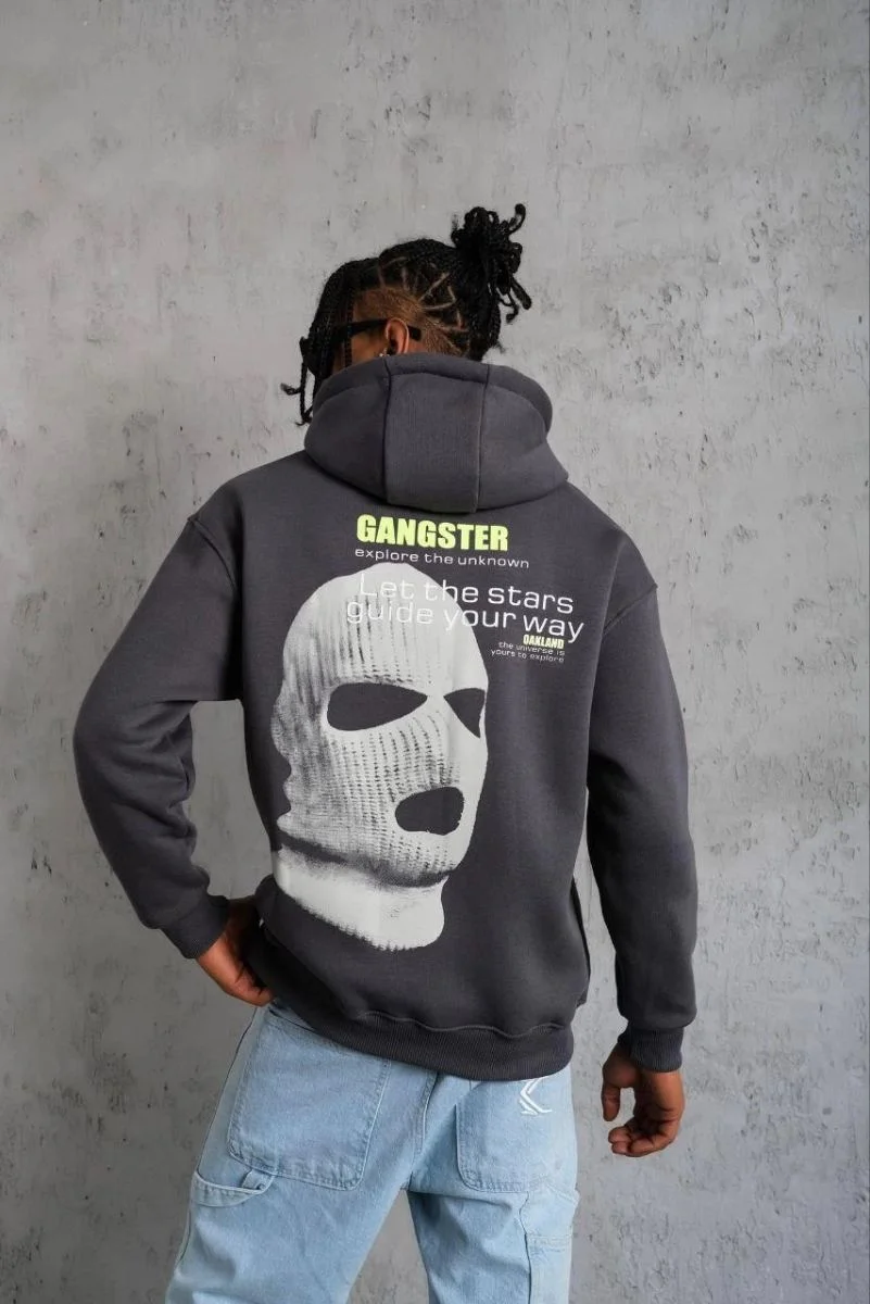 Erkek Baskılı Kapüşonlu 3 iplik pamuklu Hoodie Sweatshirt - Gri