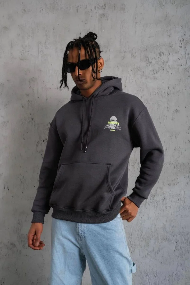 Erkek Baskılı Kapüşonlu 3 iplik pamuklu Hoodie Sweatshirt - Gri