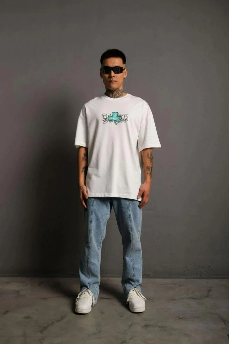 Erkek Kısa Kol Yazlık Tişört Bisiklet Yaka Baskılı Oversize T-Shirt - Beyaz