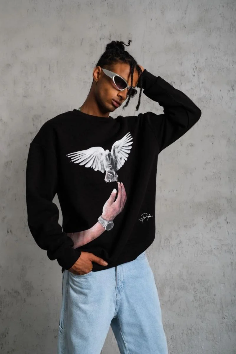 Erkek Güvercin Baskılı 3 iplik Bisiklet Yaka ipamuklu Sweatshirt - Siyah