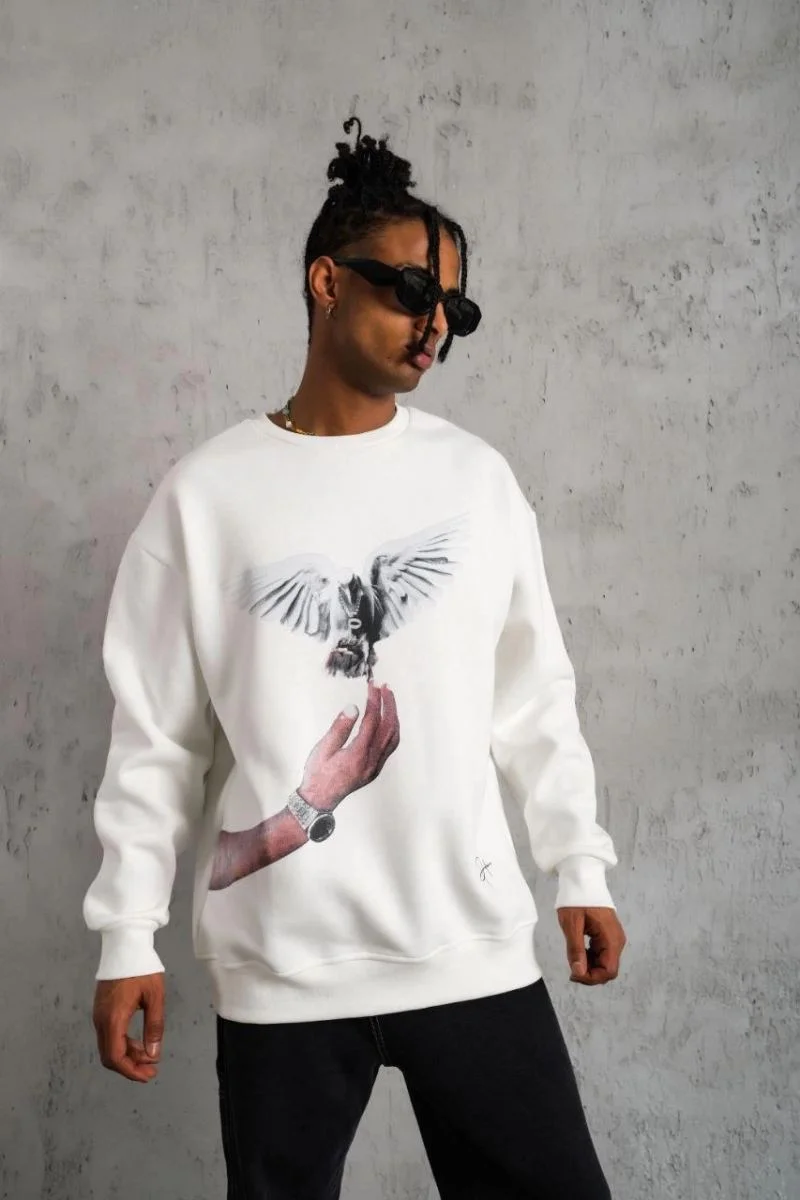 Erkek Güvercin Baskılı 3 iplik pamuklu Bisiklet Yaka Sweatshirt - Beyaz