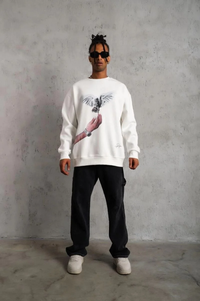 Erkek Güvercin Baskılı 3 iplik pamuklu Bisiklet Yaka Sweatshirt - Beyaz