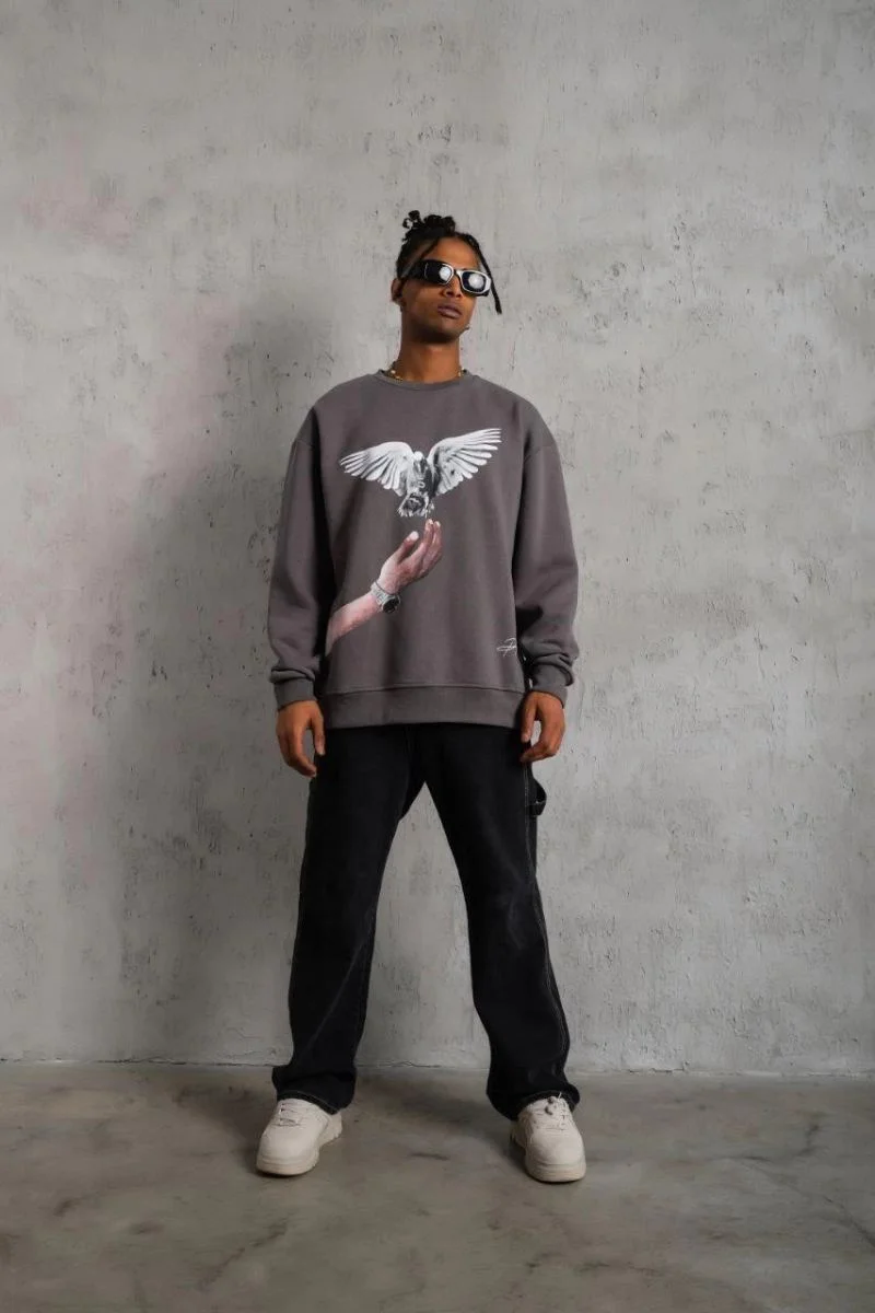 Erkek Güvercin Baskılı 3 iplik pamuklu Bisiklet Yaka Sweatshirt - Gri