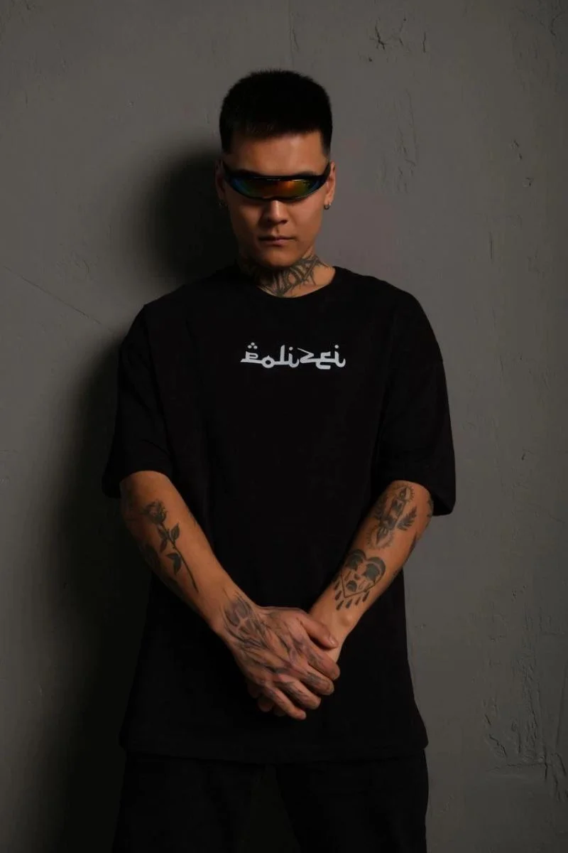 Erkek Kısa Kol Yazlık Tişört Bisiklet Yaka Baskılı Oversize T-Shirt - Siyah