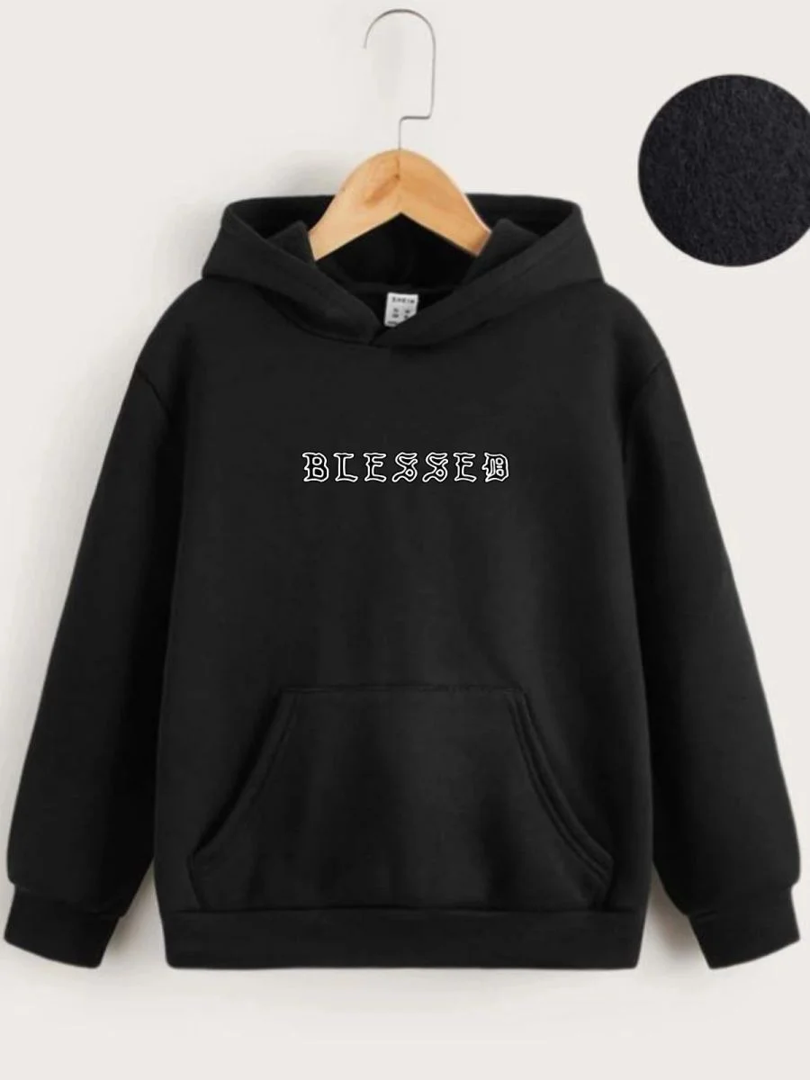 Çocuk Unisex Kapüşonlu Ön ve Arka Blessed Baskılı Sweatshirt - Siyah