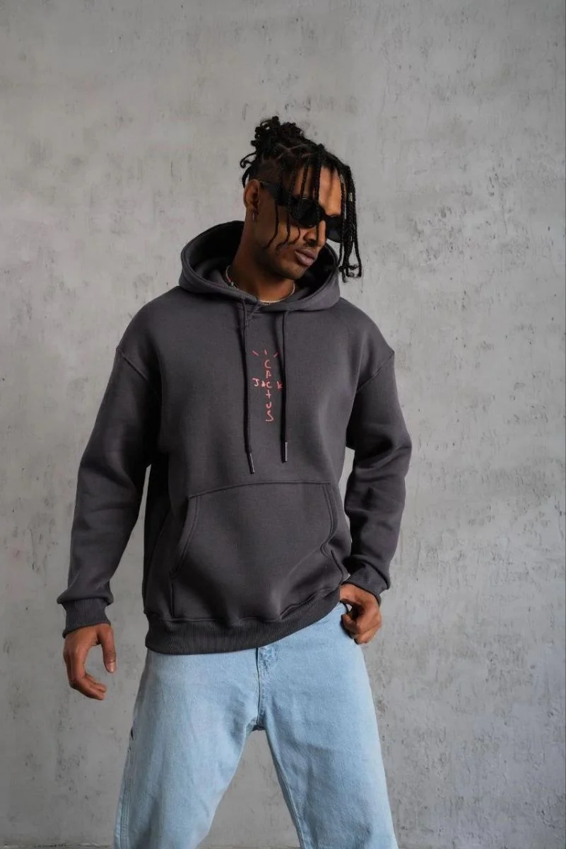 Erkek Kordonlu Arka Maske Kordon Saçlı 3 iplik pamuklu Kapüşonlu sweatshirt - Füme