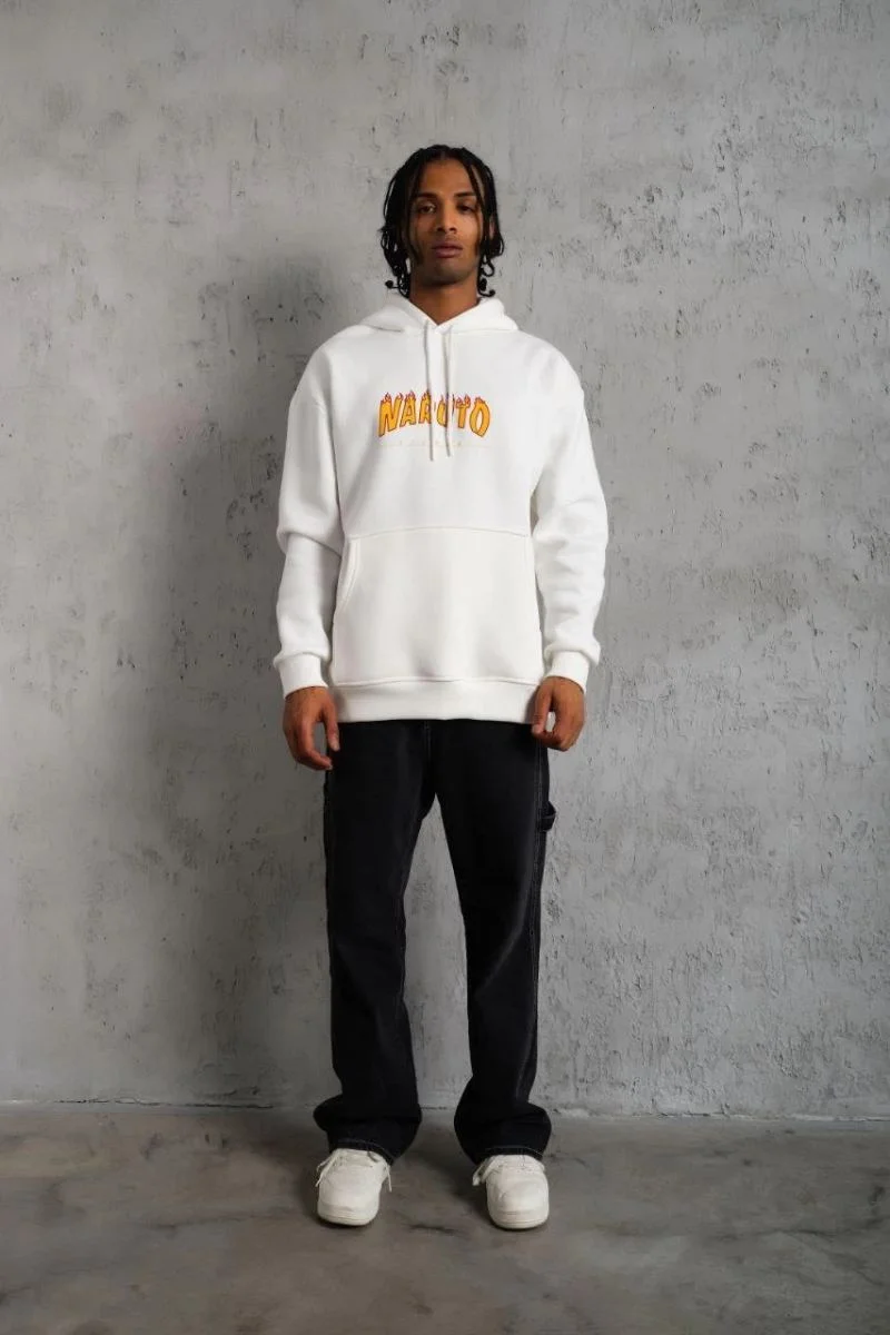 Erkek Baskılı Kapüşonlu 3 iplik pamuklu hoodie Sweatshirt - Beyaz