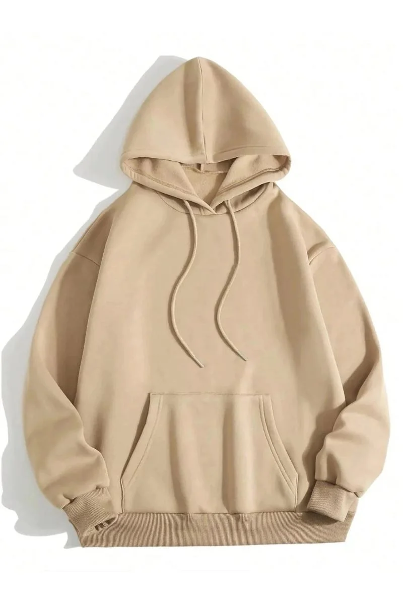 Erkek 3 İplik Pamuklu Kapüşonlu Kanguru Cepli Sweatshirt Hoodie -  Bej