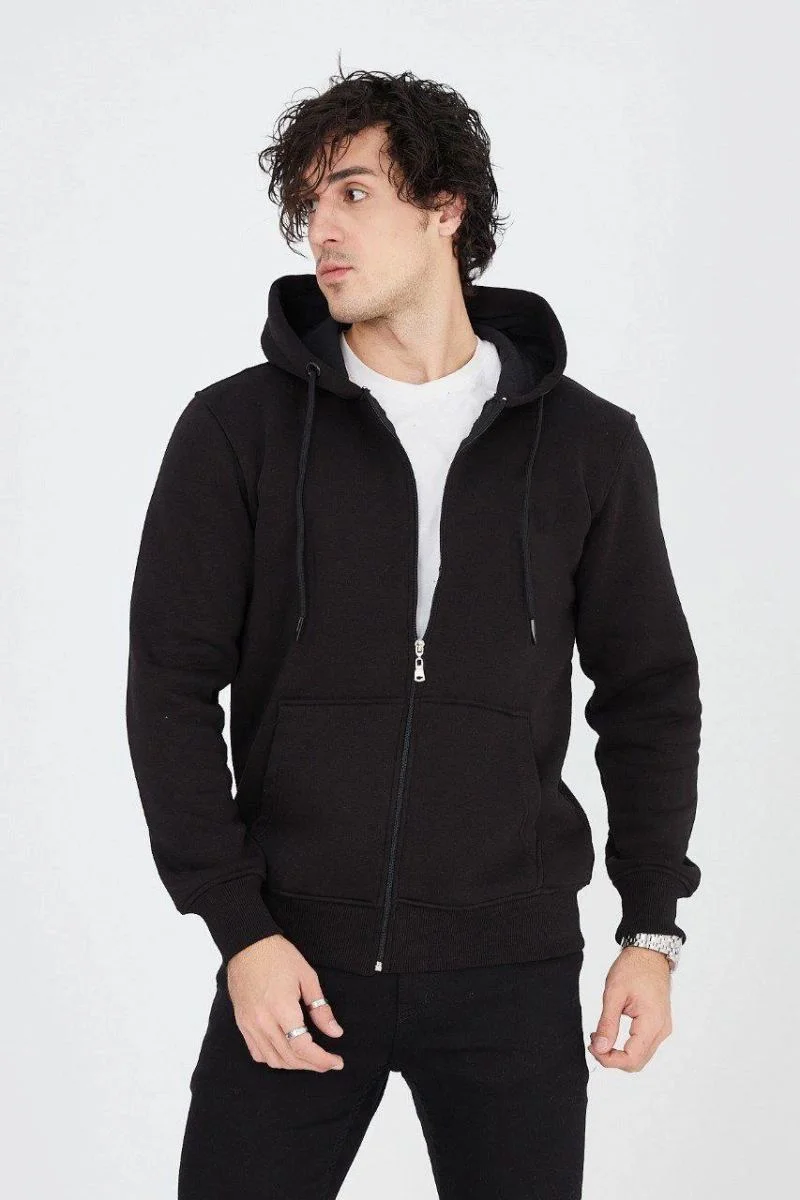 Erkek 3 İplik Pamuklu Fermuarlı Kapüşonlu Kanguru Cepli Hoodie Hırka Sweatshirt - Siyah