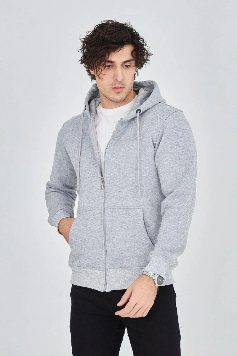 Erkek 3 İplik Pamuklu Fermuarlı Kapüşonlu Kanguru Cepli Hoodie Hırka Sweatshirt - Gri