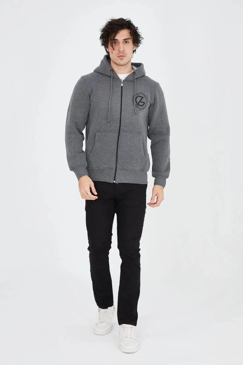 Erkek 3 İplik Pamuklu Fermuarlı Kapüşonlu Kanguru Cepli Baskılı Hoodie Hırka Sweatshirt - Füme