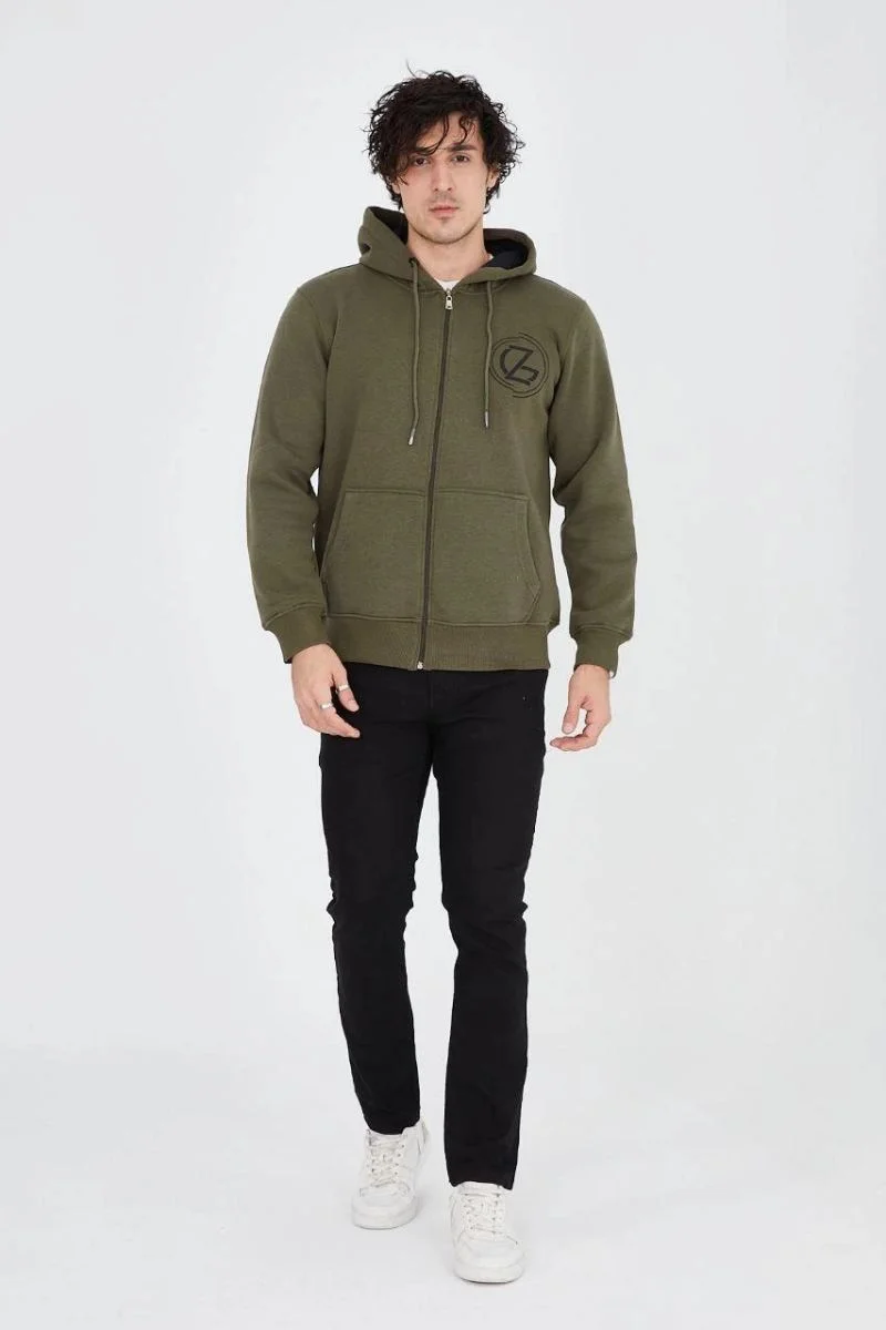 Erkek 3 İplik Pamuklu Fermuarlı Kapüşonlu Kanguru Cepli Baskılı Hoodie Hırka Sweatshirt - Yeşil