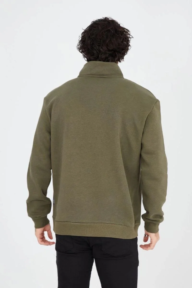 Erkek Yarım Fermuarlı Baskılı 3 iplik pamuklu sweatshirt - Yeşil