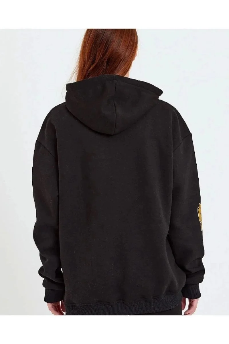 Kadın Oversize Kapüşonlu Cepli Ön Kol Baskılı 3 İplik Pamuklu Hoodie Sweatshirt - Siyah