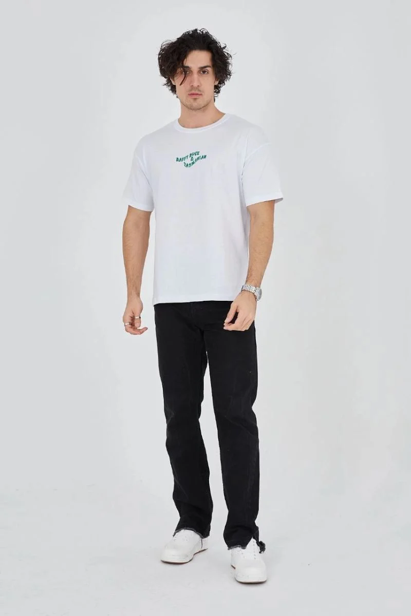 Erkek Baskılı T-Shirt Kısa Kol Bisiklet Yaka Regular Fit Rahat Kalıp Günlük Tişört - Beyaz