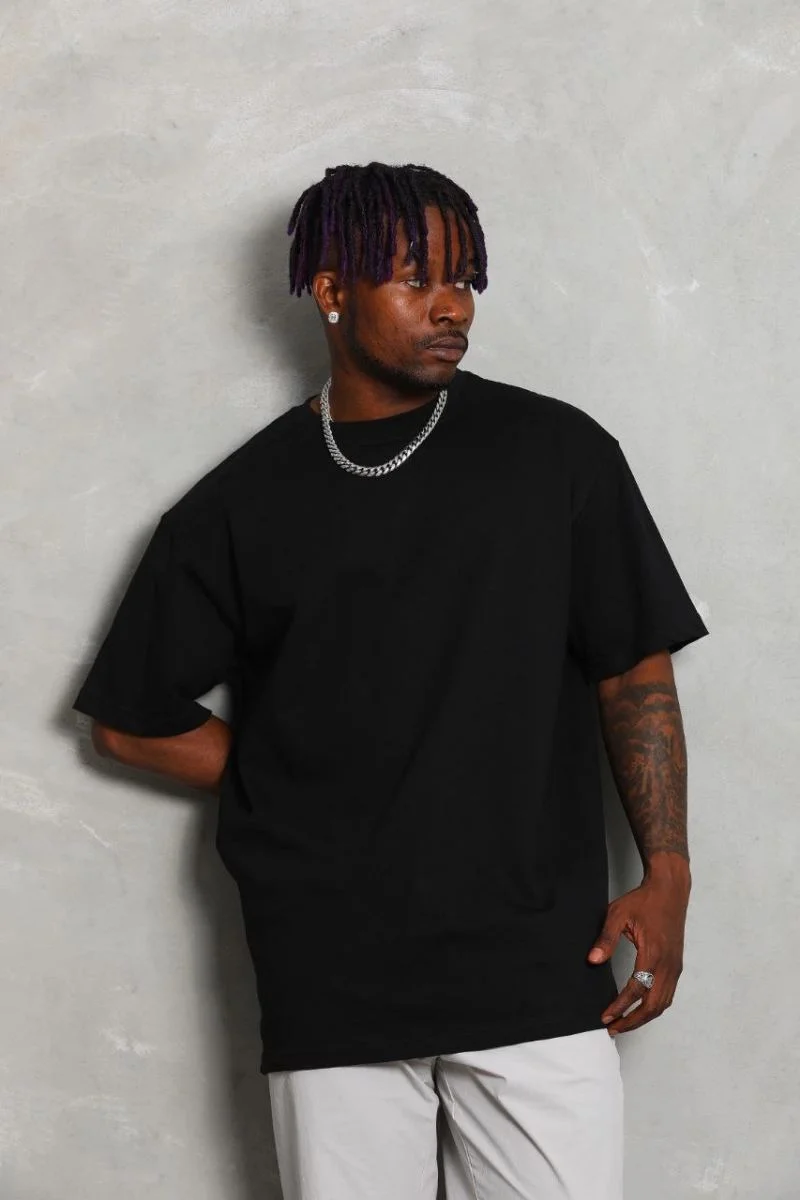 Erkek Düz Yazlık Kısa Kol Tişört Bisiklet Yaka Oversize T-Shirt - Siyah
