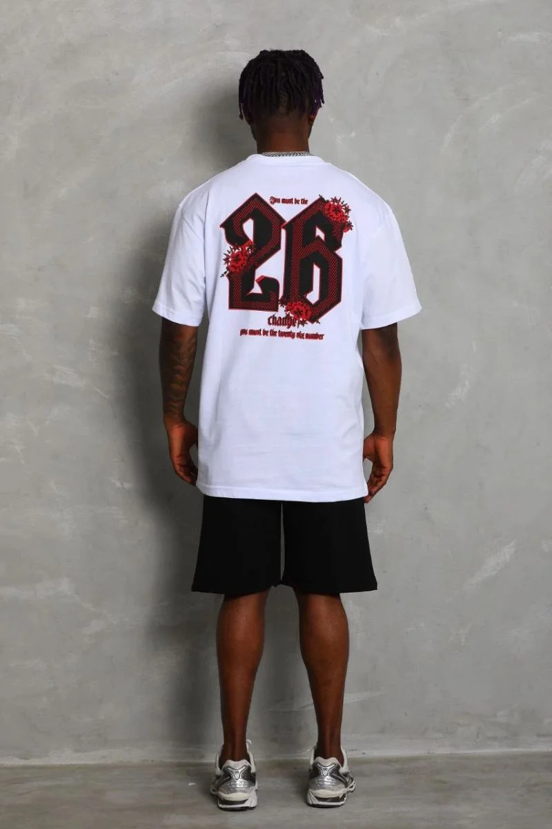 Erkek Baskılı Tişört Kısa Kol Bisiklet Yaka Oversize T-Shirt - Beyaz