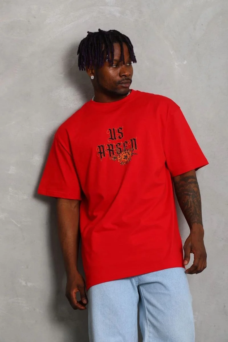 Erkek Baskılı Tişört Kısa Kol Bisiklet Yaka Oversize T-Shirt - Kırmızı