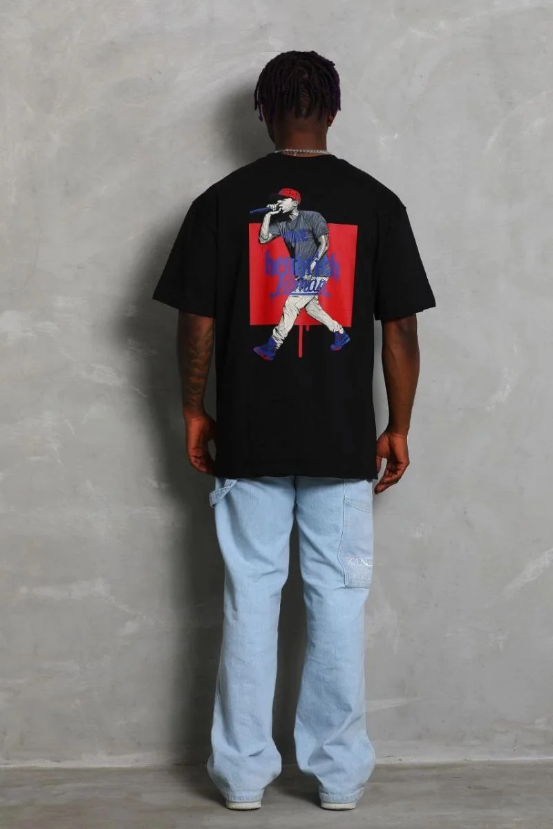 Erkek Baskılı Tişört Kısa Kol Bisiklet Yaka Oversize T-Shirt - - Siyah