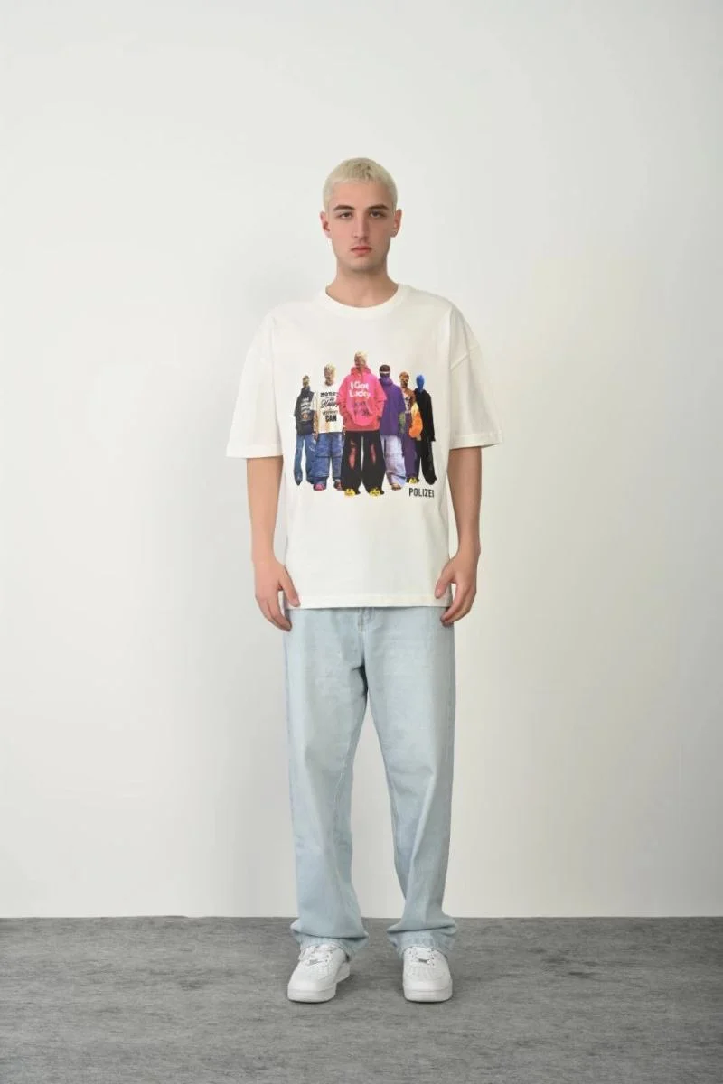 Erkek Baskılı T-Shirt Kısa Kol Bisiklet Yaka Rahat Kalıp Tişört - Beyaz