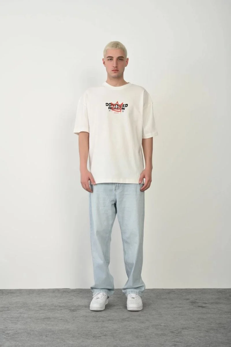 Erkek Baskılı T-Shirt Kısa Kol Bisiklet Yaka Rahat Kalıp Tişört  - Beyaz