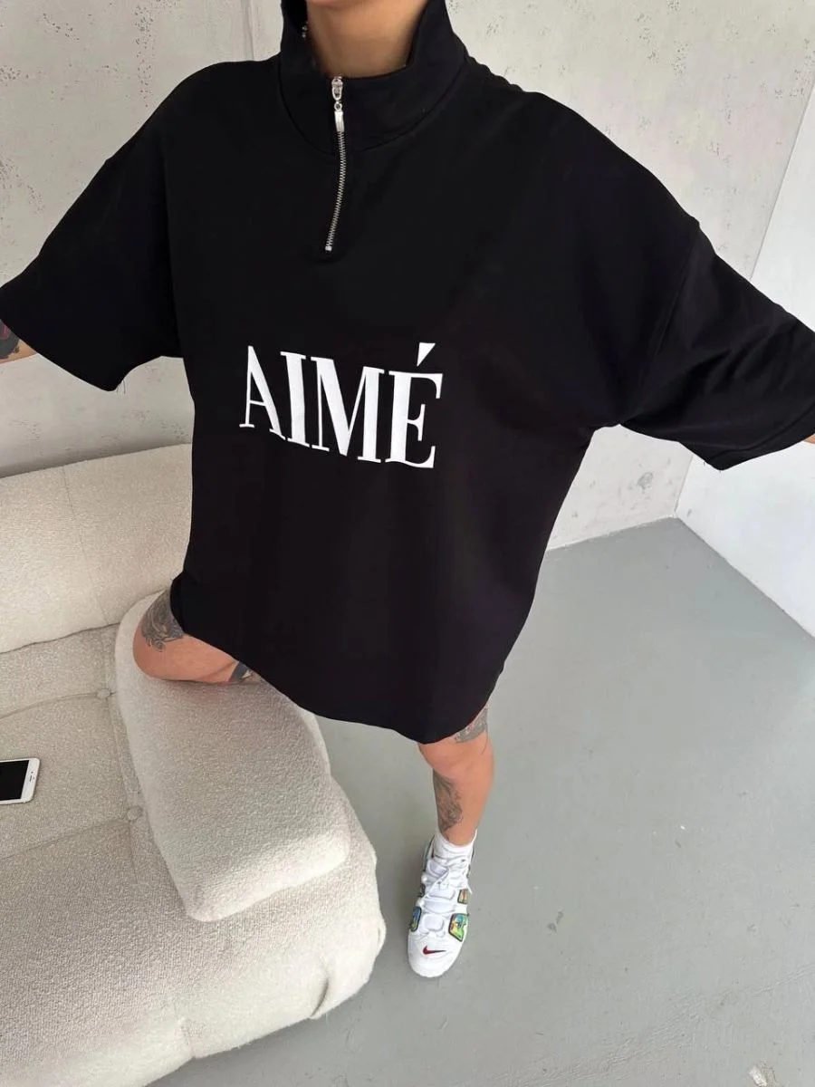 Kadın Yarım Fermuarlı Tişört Baskılı T-Shirt - Siyah