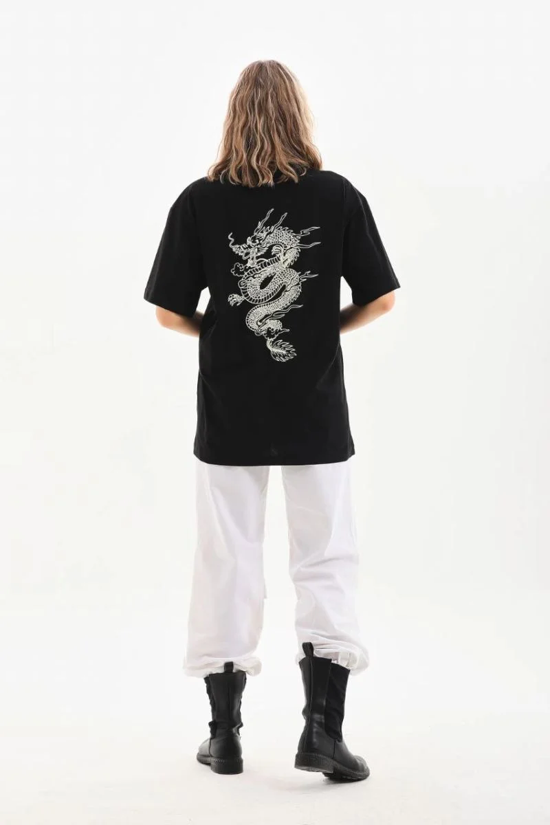 Kadın Kısa Kol Yazlık Tişört Bisiklet Yaka Ejderha Baskılı T-Shirt - Siyah