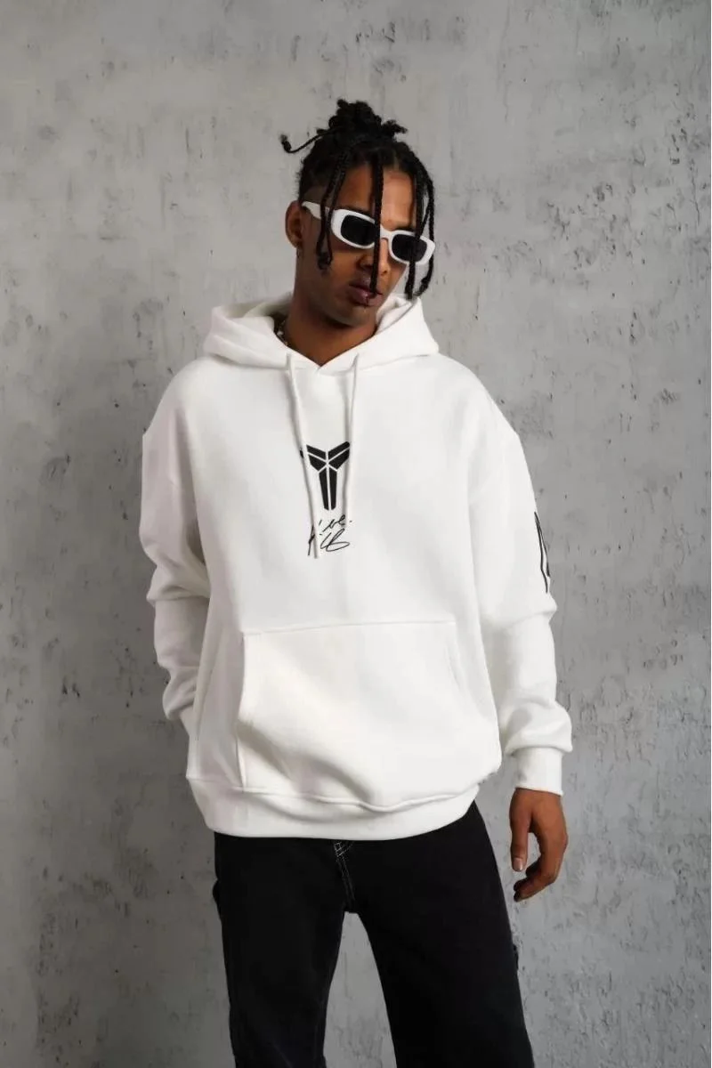 BErkek 3 İplik Pamuklu Kapüşonlu Baskılı Cepli Oversize Sweatshirt Hoodie - eyaz