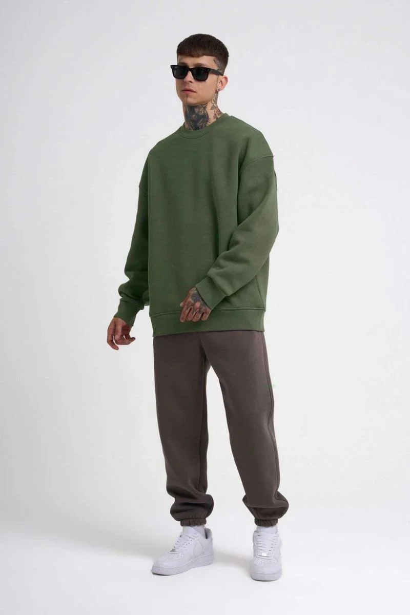 ERKEK Bisikilet Yaka 3 İplik Pamuklu SweatShirt - Haki