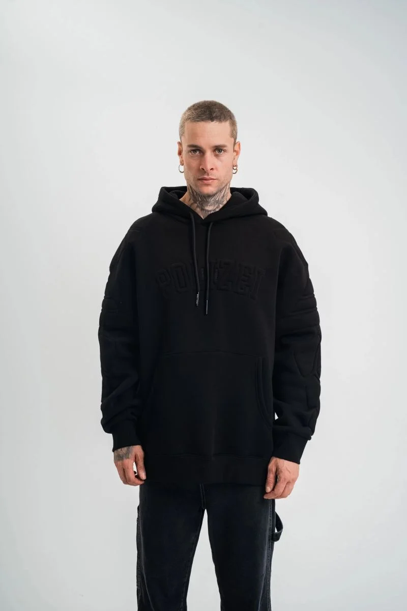 Erkek 3 İplik Pamuklu Oversize Kapüşonlu Nakışlı Hoodie SweatShirt - Siyah