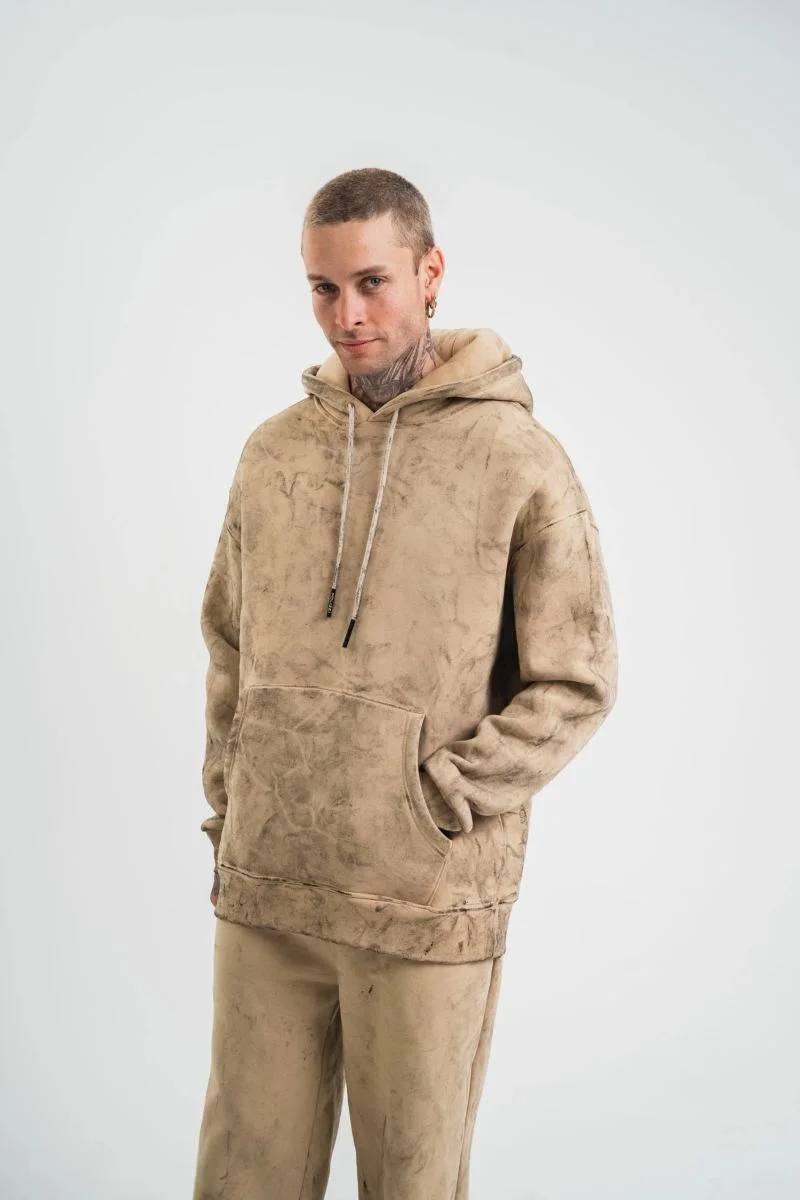 ERKEK 3 iplik Pamuklu Oversize Kapüşonlu Yıkamalı Hoodie SweatShirt - Bej