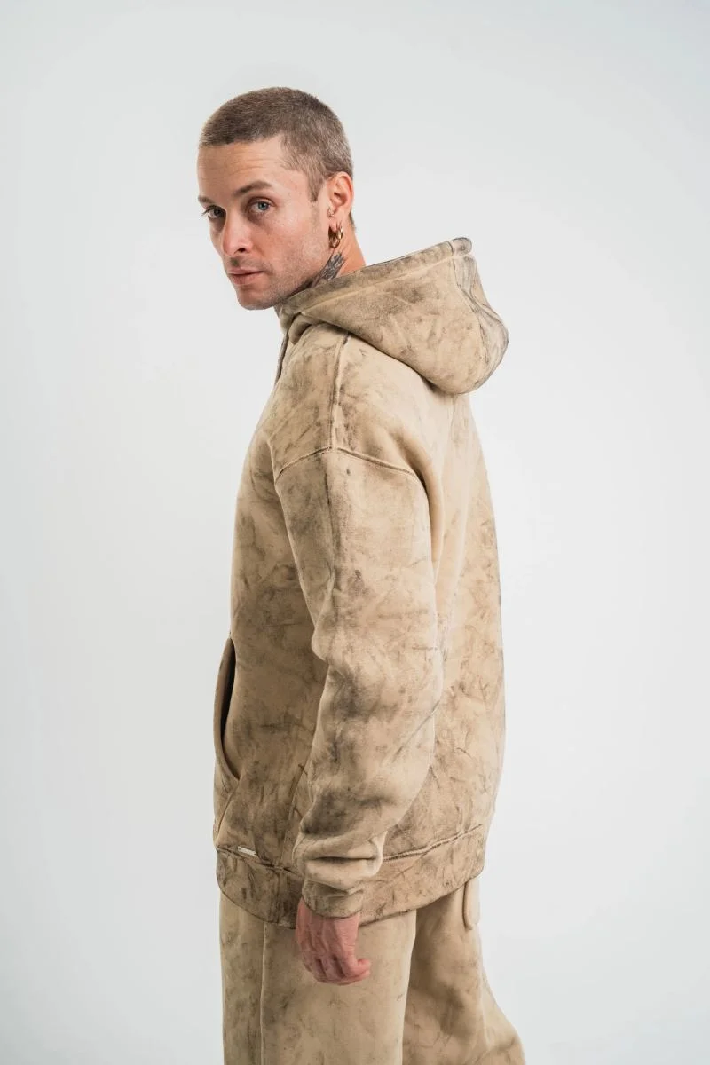 ERKEK 3 iplik Pamuklu Oversize Kapüşonlu Yıkamalı Hoodie SweatShirt - Bej