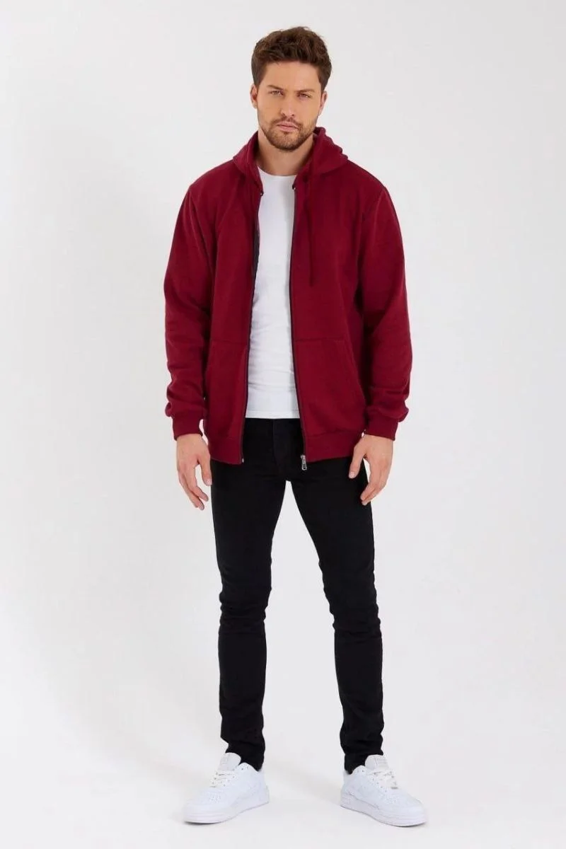 Erkek 3 İplik Pamuklu Tam Fermuarlı Kapüşonlu Kanguru Cepli Düz Hoodie Sweatshirt - Bordo