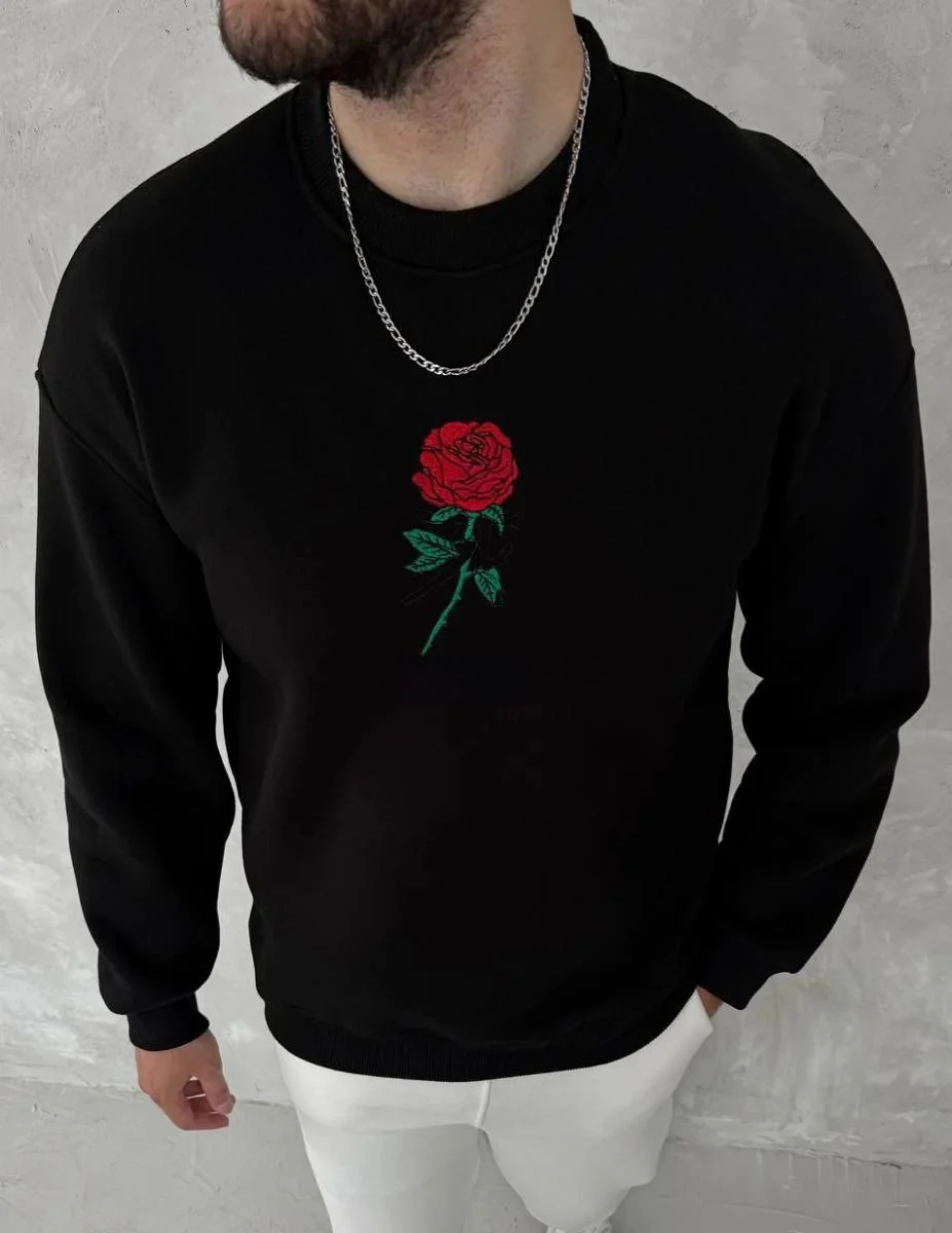 Erkek 3 iplik pamuklu Bisiklet Yaka Ön ve Arka Baskılı SweatShirt - Siyah