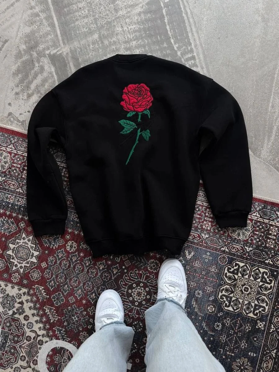 Erkek 3 iplik pamuklu Bisiklet Yaka Ön ve Arka Baskılı SweatShirt - Siyah