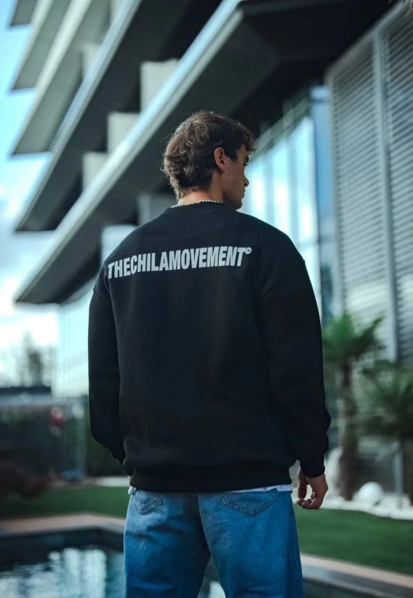 Erkek 3 iplik Pamuklu Bisiklet Yaka Oversize Baskılı SweatShirt - Siyah