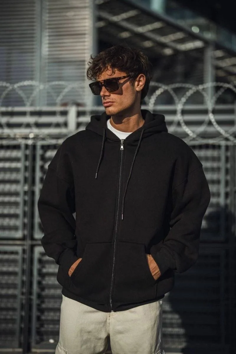 Erkek Tam Fermuarlı Cepli Kapüşonlu 3 iplik pamuklu hoodie Sweatshirt - Siyah