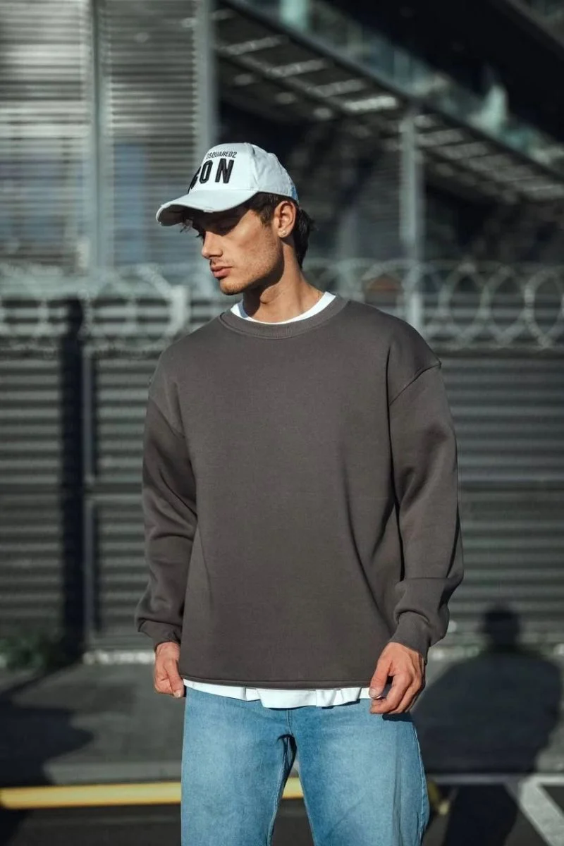 Erkek Bisiklet Yaka 3 iplik Pamuklu Basic SweatShirt  - Antrasit