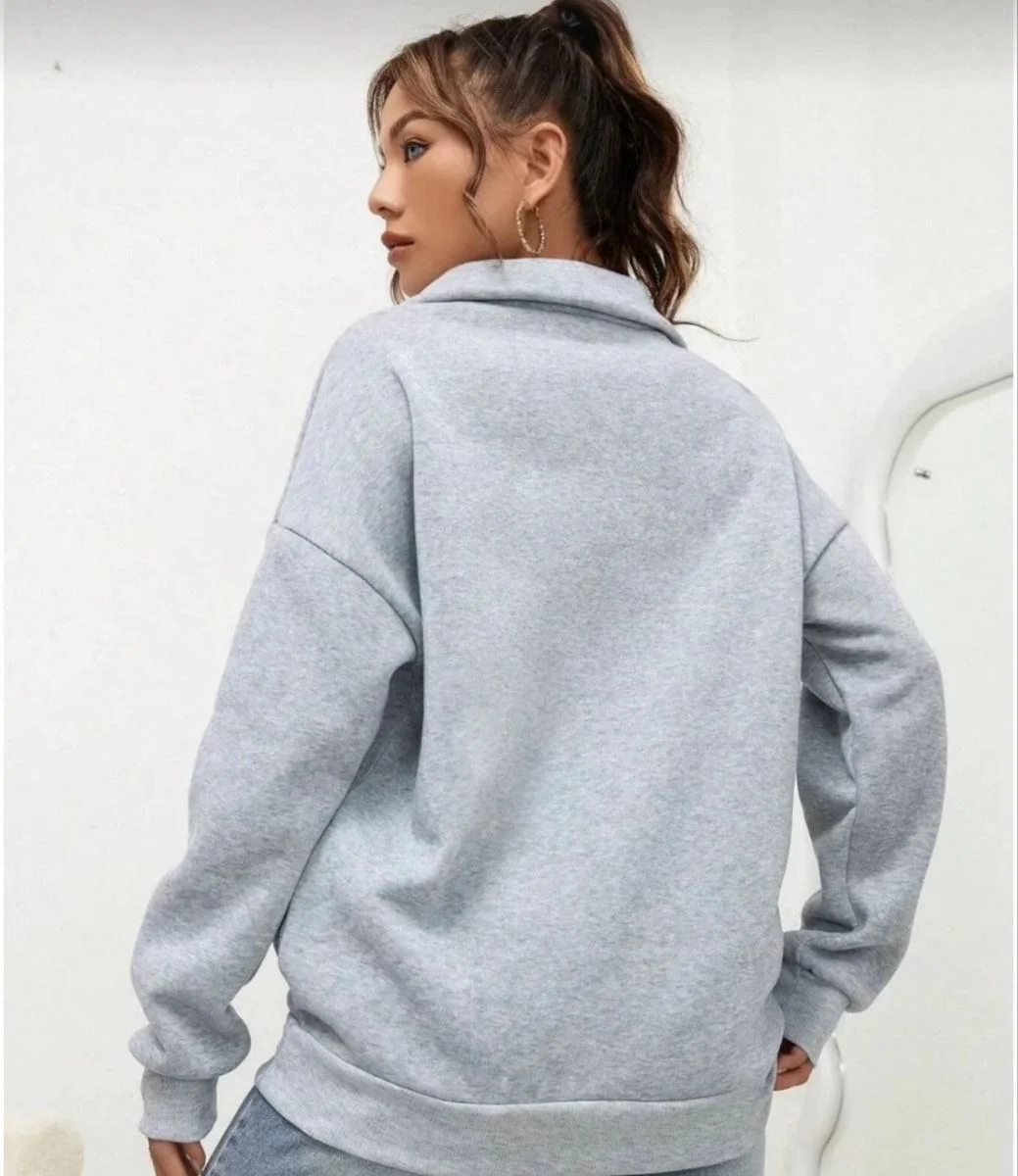 Kadın 3 iplik Pamuklu Uzun Kol Yarım Farmuarlı Yakalı  SweatShirt - Gri