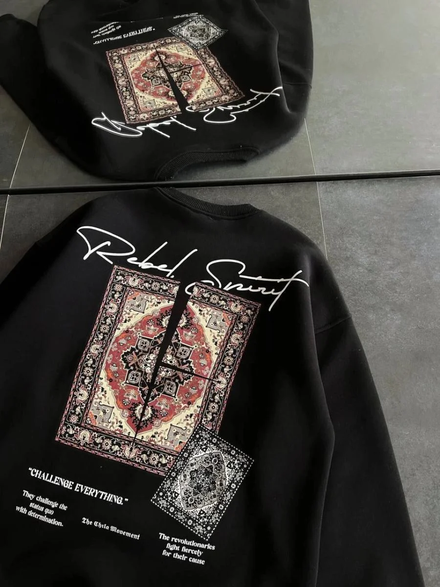 Kadın Bisiklet Yaka Kilim Halı Baskılı 3 İplik Pamuklu Sweatshirt - Siyah