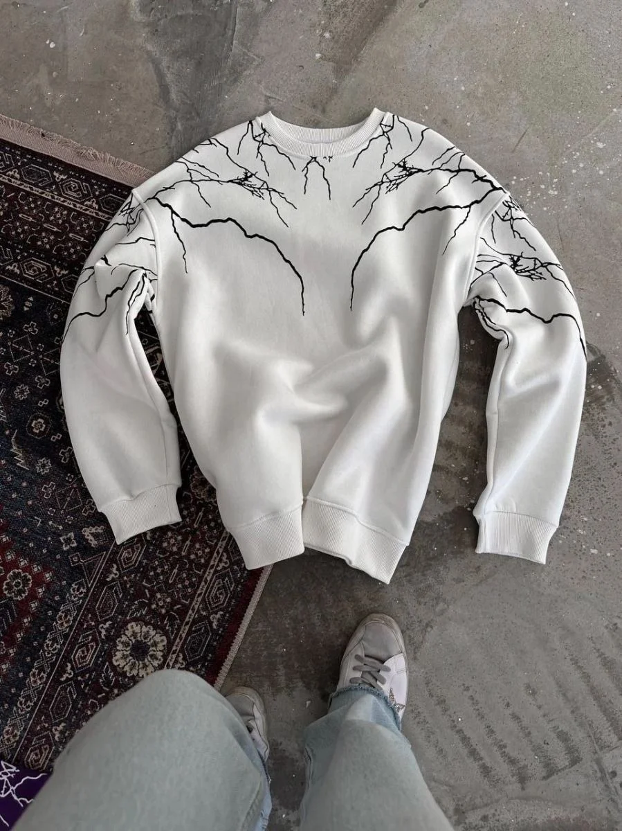 Kadın 3 iplik pamuklu Yıldırım Baskılı Bisiklet Yaka SweatShirt - Beyaz