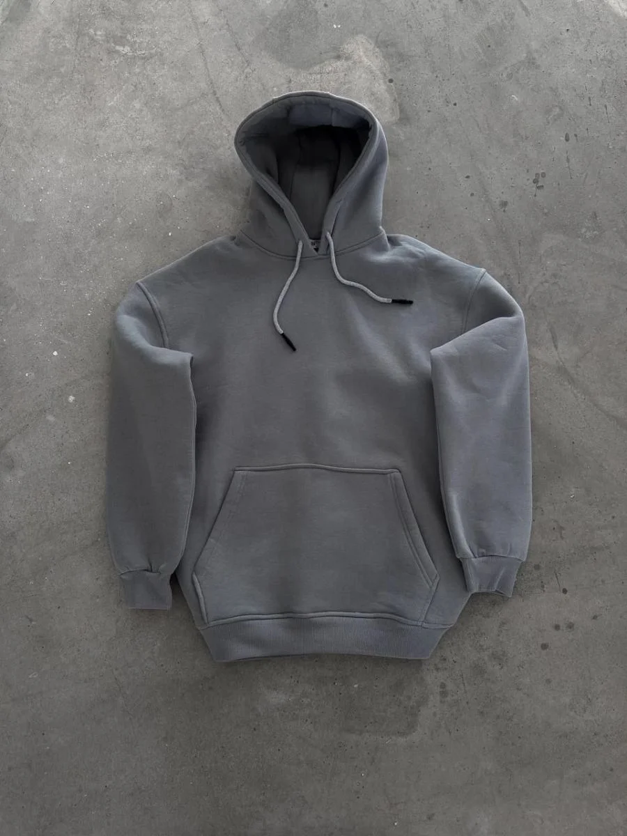 Kadın Kapüşonlu Kanguru Cepli 3 İplik Pamuklu Oversize Hoodie Sweatshirt -  Boyalı Gri