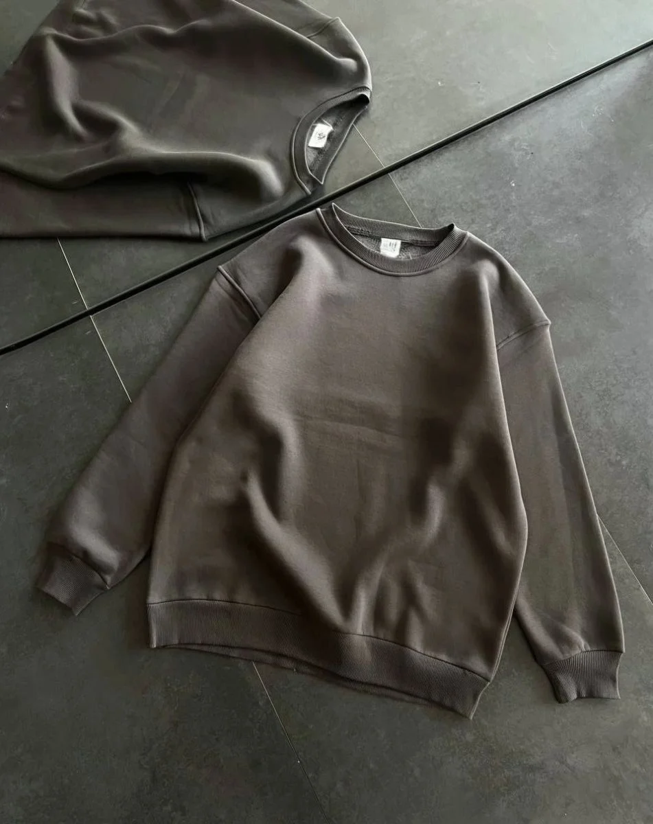 Kadın Bisiklet Yaka 3 İplik Pamuklu Basic SweatShirt - Füme
