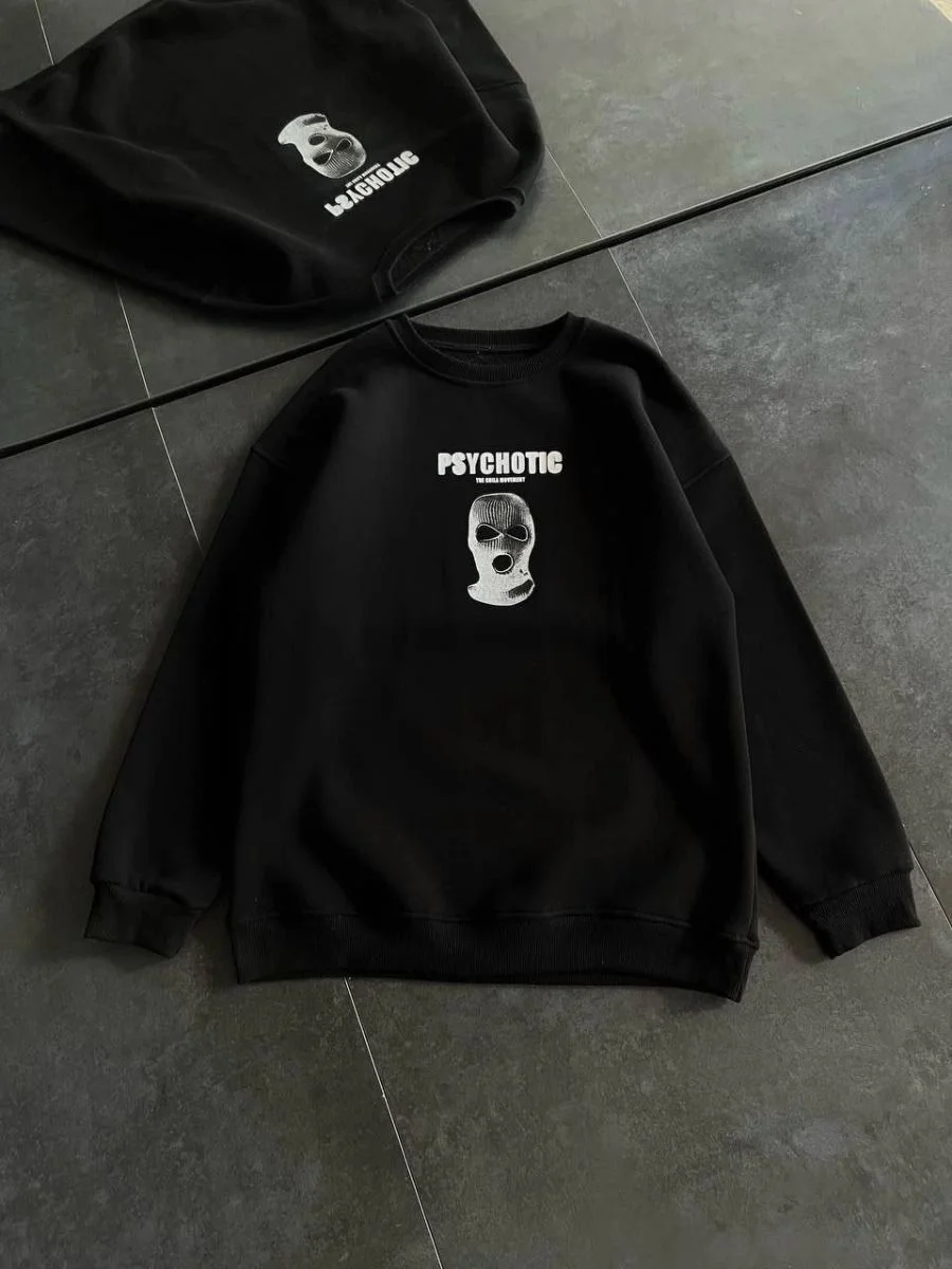 Kadın 3 iplik Kışlık Bisiklet Yaka Baskılı SweatShirt - Siyah