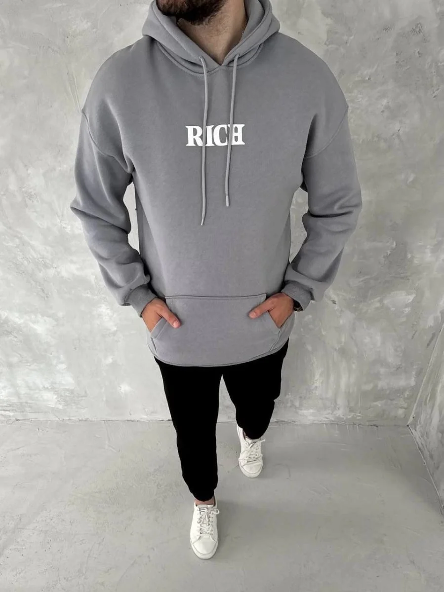 Erkek 3 İplik Pamuklu Kapüşonlu Kanguru Cepli Baskılı Oversize Hoodie Sweatshirt - Gri