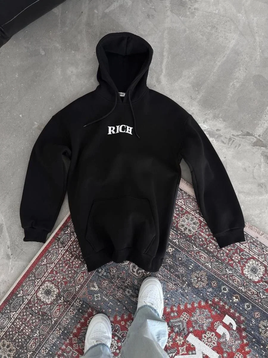 Kadın Kapüşonlu Kanguru Cepli Sweatshirt 3 İplik Pamuklu Baskılı Hoodie - Siyah
