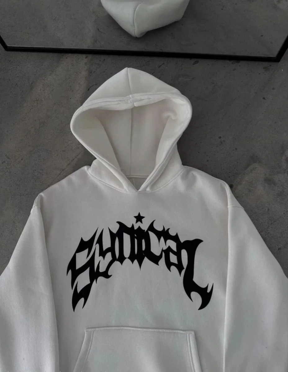 Kadın Kapüşonlu Kanguru Cepli Sweatshirt 3 İplik Pamuklu Baskılı Hoodie -  Beyaz