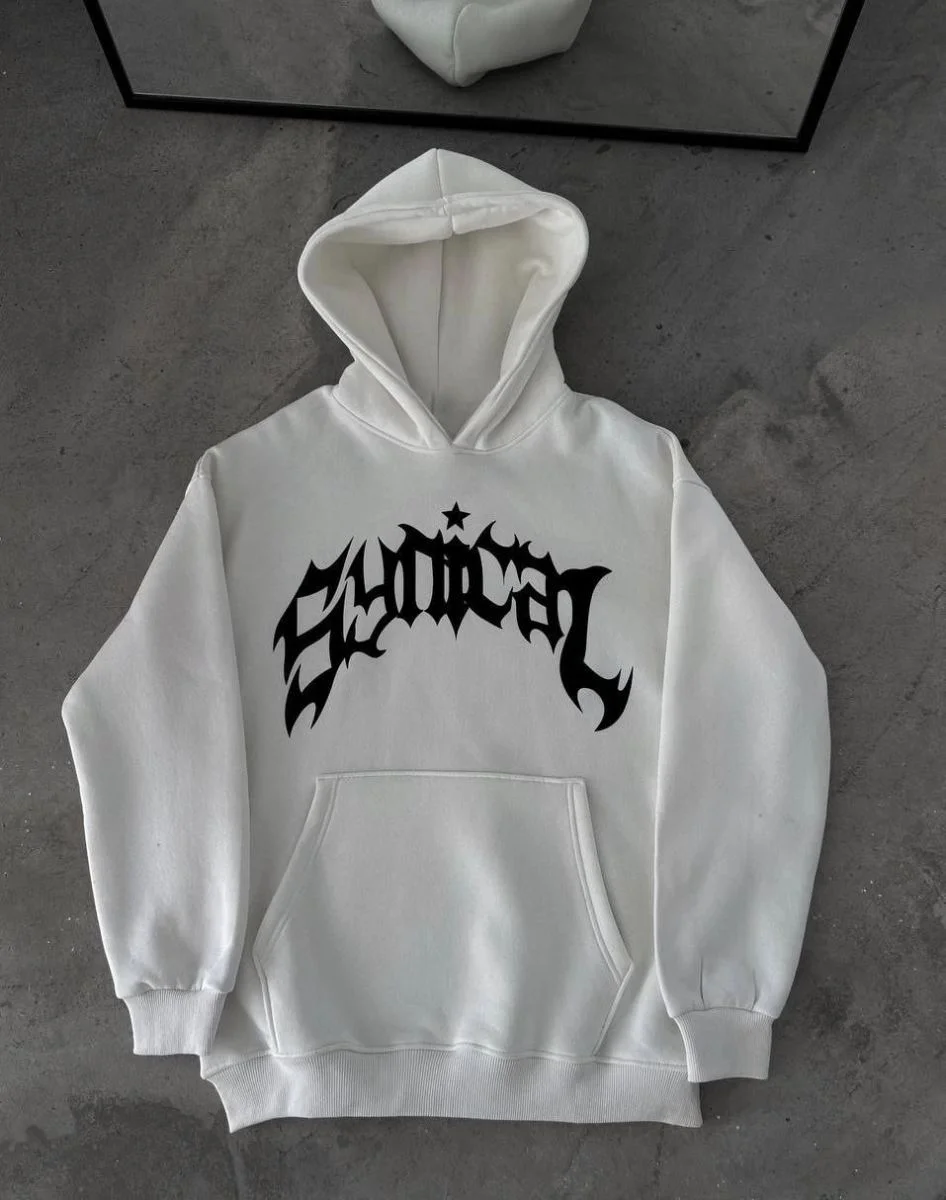 Kadın Kapüşonlu Kanguru Cepli Sweatshirt 3 İplik Pamuklu Baskılı Hoodie -  Beyaz