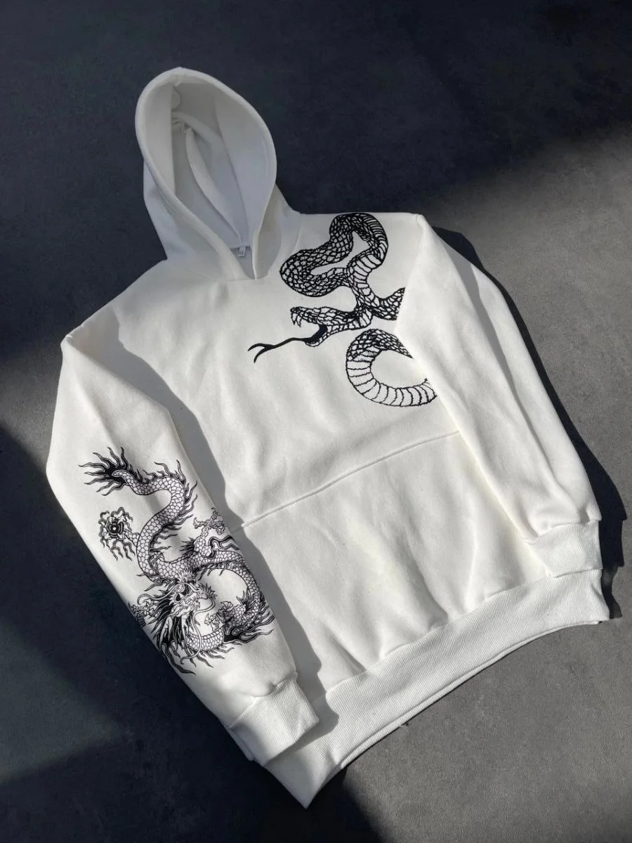 Kadın Oversize Kapüşonlu Kanguru Cepli Baskılı 3 İplik Pamuklu Sweatshirt Hoodie -   Beyaz